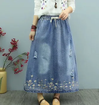 

Summer with new joker holes washed denim skirts female elastic waist long skirt girl horn embroidery flower loose big yards