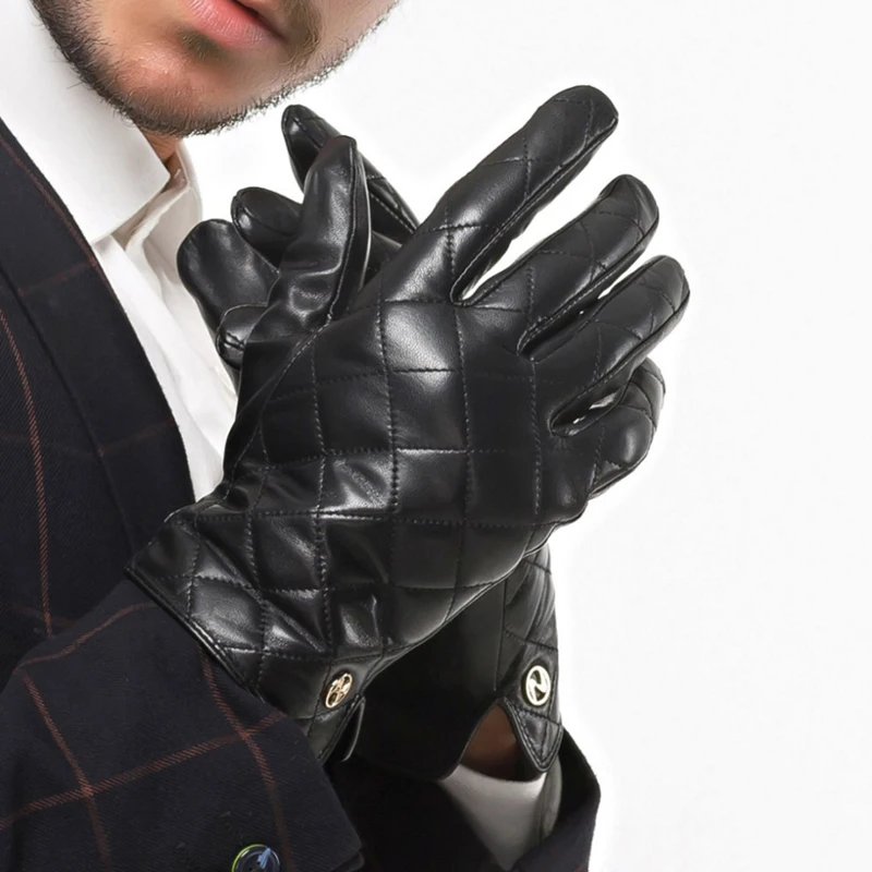 Зимние мужские кожаные перчатки, модные мужские перчатки из овчины на запястье, однотонные мужские перчатки из натуральной кожи, бархатные теплые перчатки для вождения