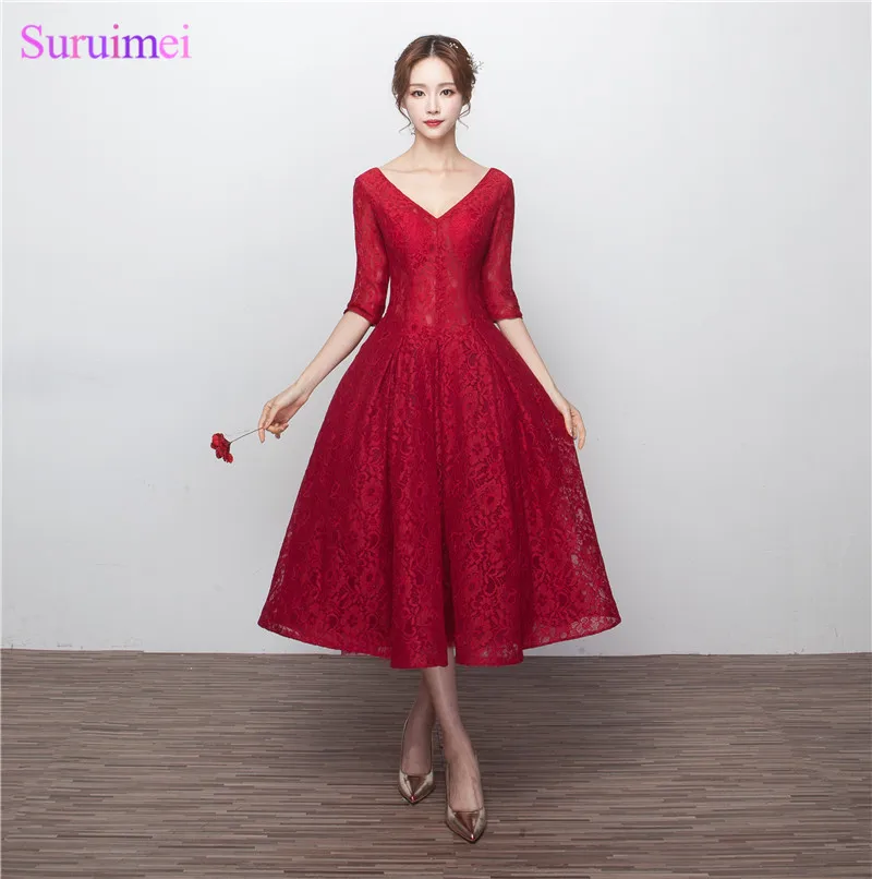 4 Burgundy Color Lace Ball Gown Prom Dresses 2017 New Prom Dresses with Half Sleeve Short Dresses