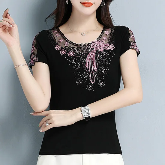 4XL размера плюс, женская рубашка, модная, короткий рукав, летняя, рубашка, элегантная, тонкая, вышитая бриллиантами, женская блузка, рубашка - Цвет: black-pink