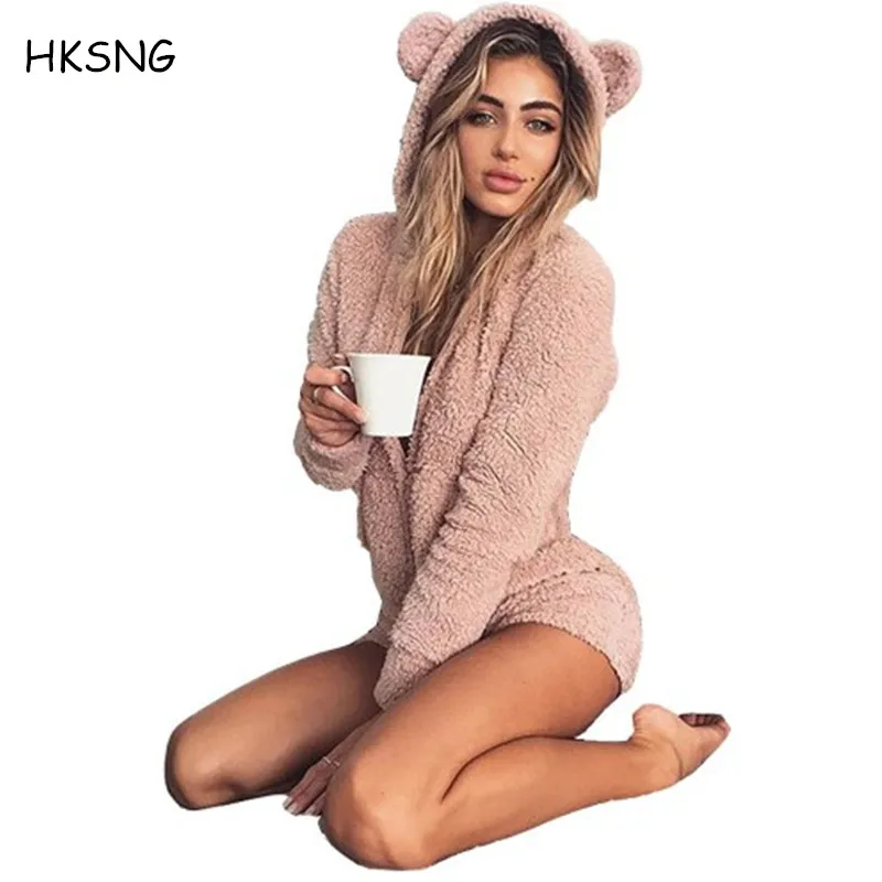 

HKSNG Women High Quality Pink Hooded Rabbit Ear Fleece Onesie Velvet Kigurumi Plus Size Hoodies Jumpsuit Homewear Sweatshirts