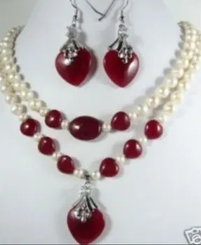 

A0503 Fast shipping +beautiful red jade & Freshwater pearl pendant necklace earrings set (0430)