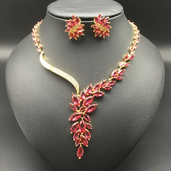 

2019 new fashion elegant popular red zircon necklace earring set wedding bride banquet dress formal dinner jewelry set