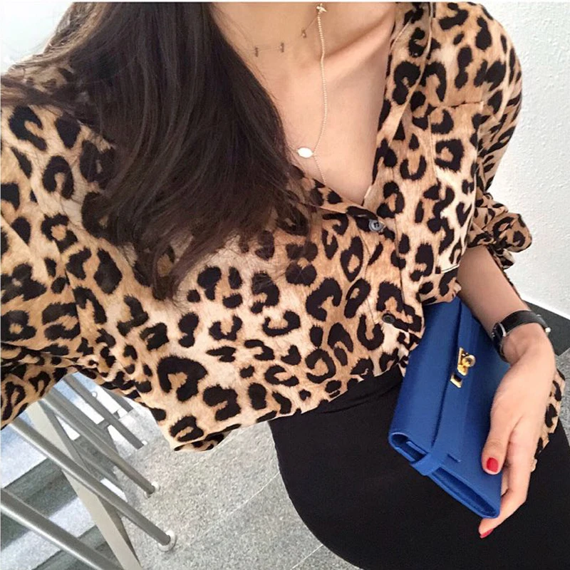 Сексуальная Блузка с отложным воротником и леопардовым принтом, Женская однобортная рубашка с длинным рукавом, свободные женские блузки, Осенние Блузы