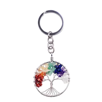 New natural stone seven chakra llaveros yoga semi-precious stones round life tree car chaveiro lady bag chakra gift key chain