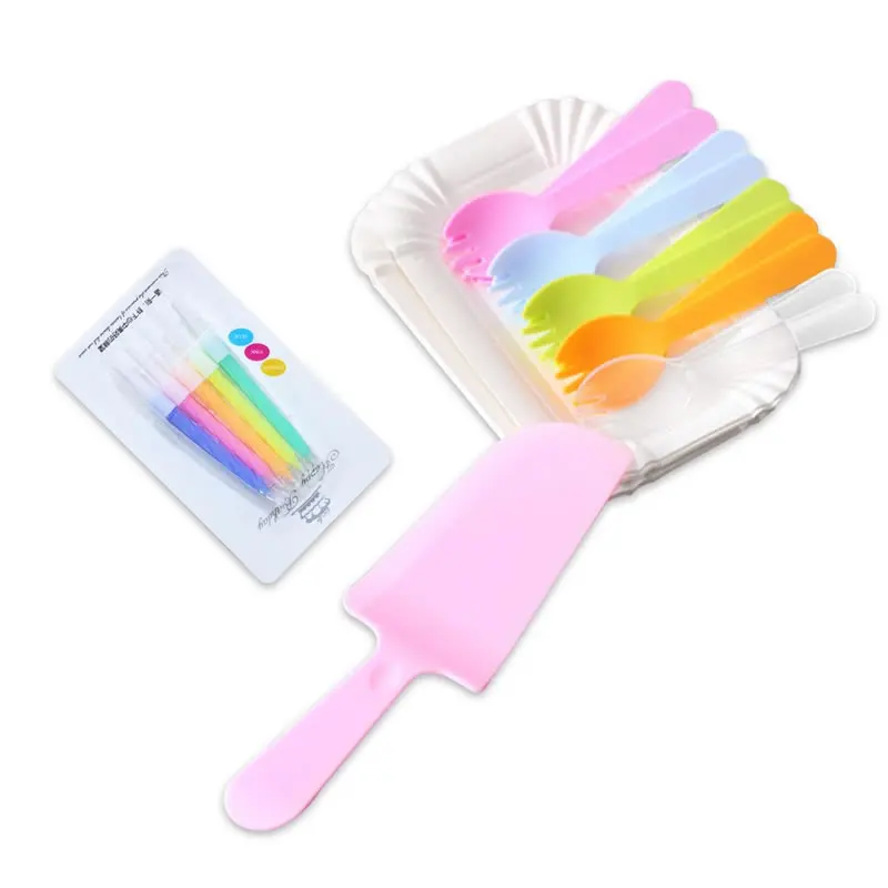 

5/10 Persons Disposable Birthday Cake Cutlery Tray Paper Dessert Plates Plastic Knife Forks Wedding Decorations Pastry Tools