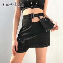 Летняя женская юбка с дырочками, с карманами, из кусков, Необычные Юбки, черные, хлопок, высокая талия, Мини Короткая юбка, Cuteandpscho