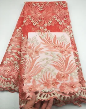 

8 colors (5yards/pc) Peach color African French net lace fabric embroidered mesh lace with beads for party dress FRL01