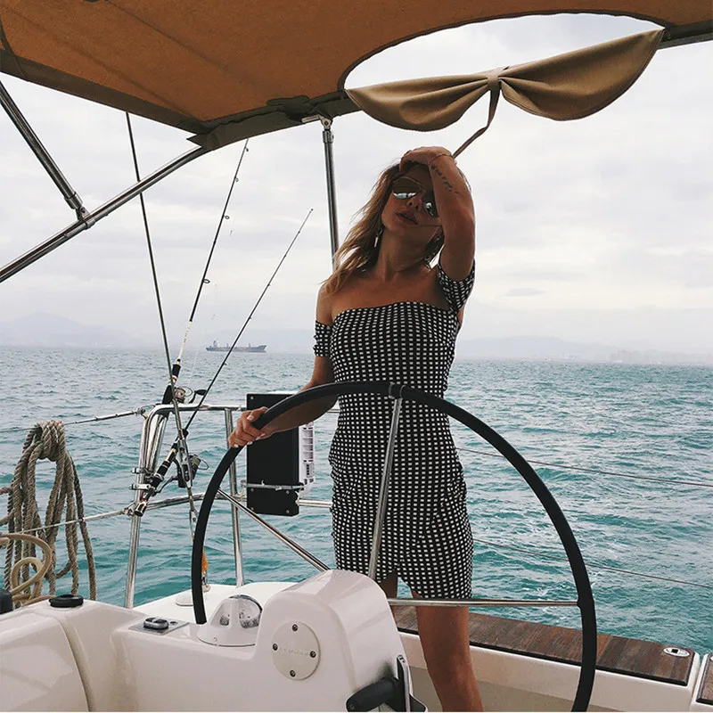 Off Shoulder Plaid Summer Dress Short Sleeve Bow Tied Sexy Mini Dress Women Backless Irregular Elegant Clothes 1