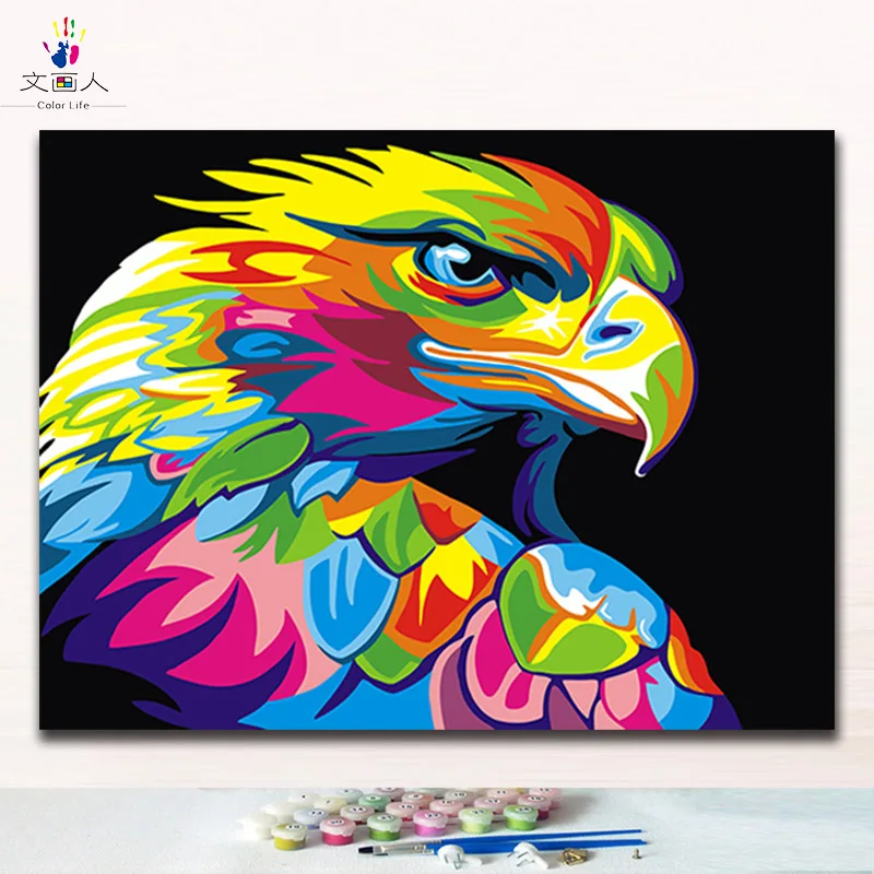 

Colorful eagle abstract animal painting by numbers handmade with paint colors on canvas drawing for coloring by numbers for