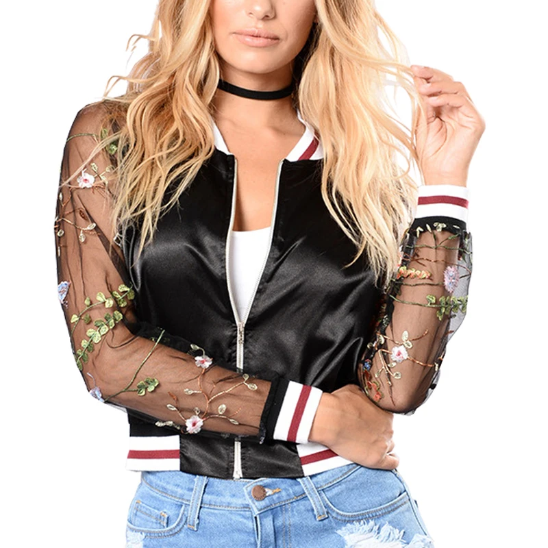 New Floral Mesh Bomber Jacket Contrast Stripe Women Vintage Embroidery