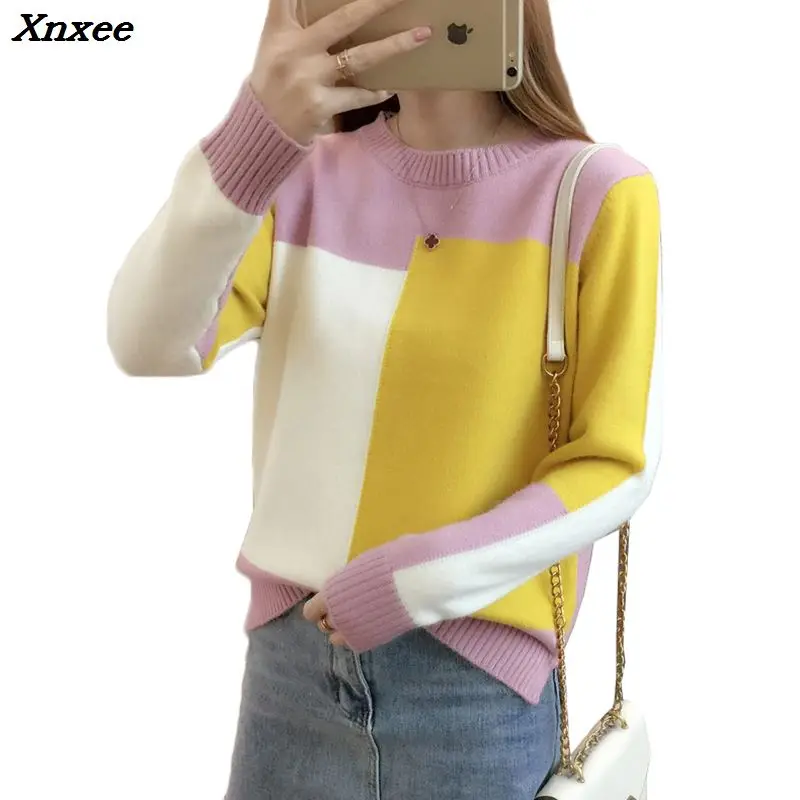 Spring Autumn Women Sweater Pullover 2018 New Fashion Colorblock O-neck Loose Knit Bottom Sweater Large size Women Clothing 230