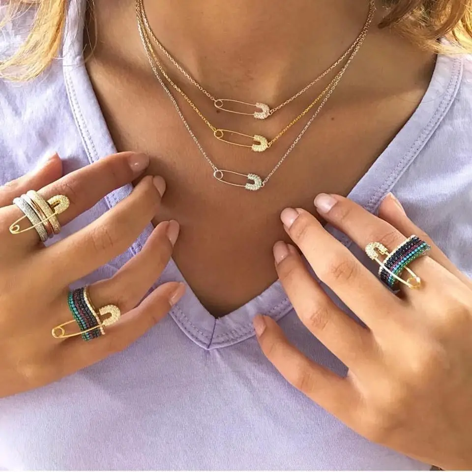 

6 pcs engagement band stack stackable paperclip safety pin design colored cz turquoises fashion women ring jewelry