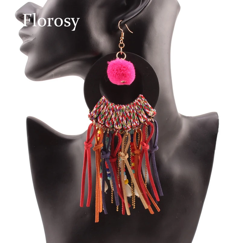 

Florosy Big Chunky Tassel Pendant Drop Earrings For Women Cotton Ball Colorful Bead Leather Rope Gold Bead Dangle Earrings New