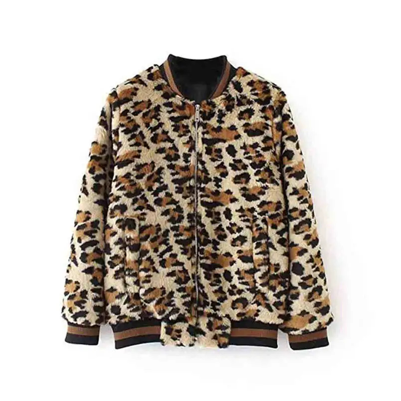 Fashion Womans Autumn Leopard Print Coat Thick Fur Collar Coat Faux Fur Zipper Pocket Outwear Casual Cardigan Jacket F#S25 (1) - 