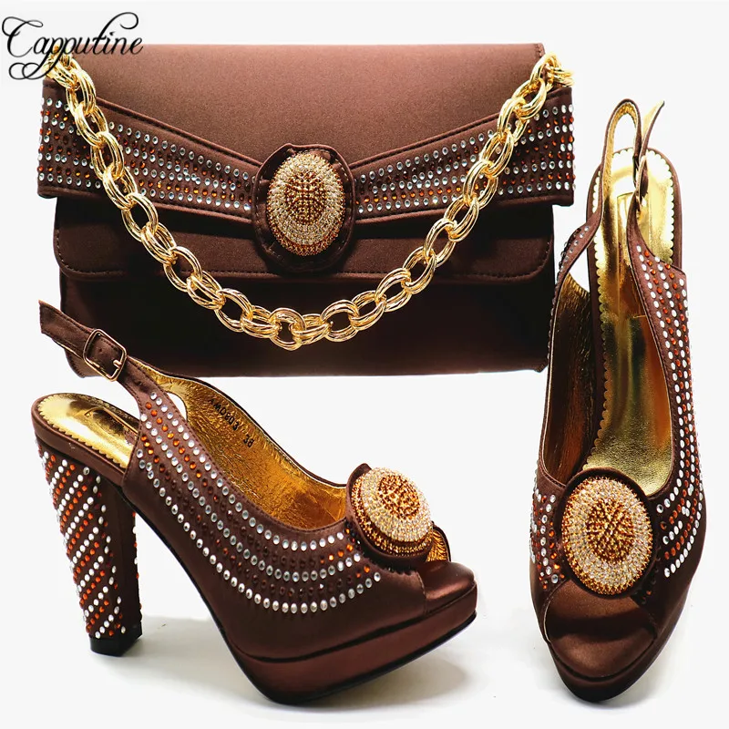 brown Ensemble argent or Chaussures Mode pourpre Brun Partie Style Couleur peach Talons Avec Blue Sacs G53 Lake Sac Femme 2018 Haute Pour Et Strass Nouvelle Nigeria 4wzqBf1