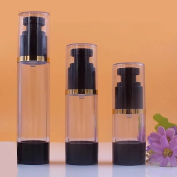 

10pcs Empty Airless Bottle Plastic Travel Bottles Black Flat Pump Sample Lotion Packgaing Container Gold Edge 15ml 30ml 50ml