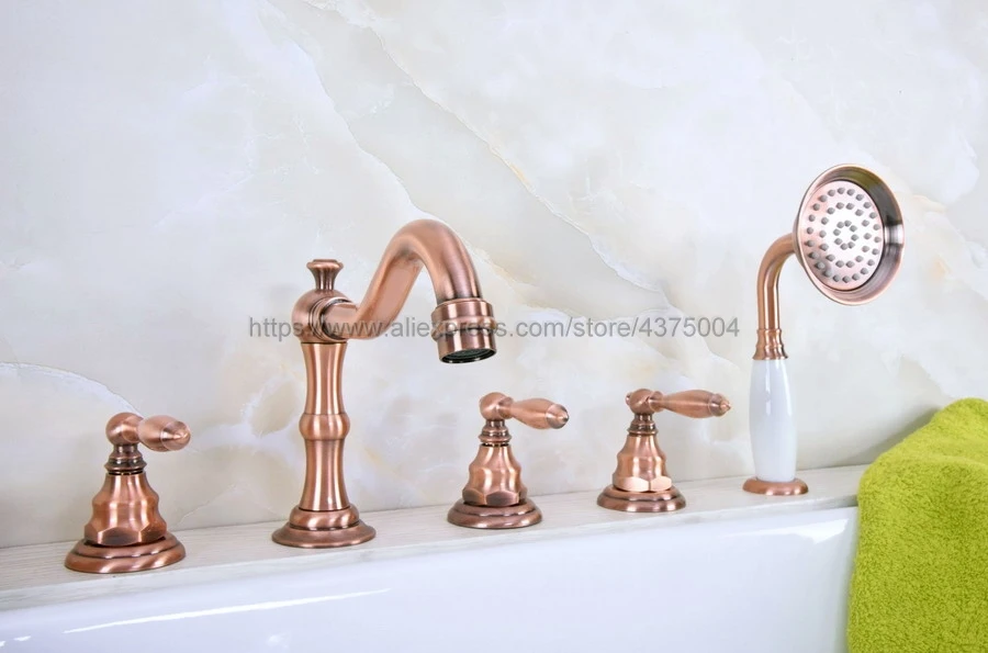 Antique Red Copper Bathtub Faucet 3 Handle 5 Hole Bathroom Faucet