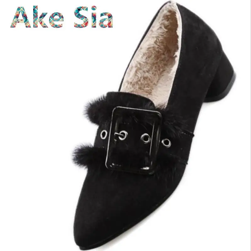 

0 Autumn 2018 new versatile pointy with the rough with the single high heel plush shoes female winter plus cashmere #140