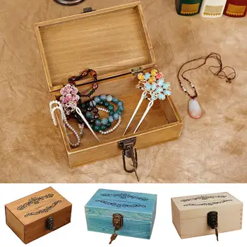 

Home Treasure Chest Lock and Key Vintage Wood Decorative Box Retro lock Storage Wooden Box Desktop Storage Box