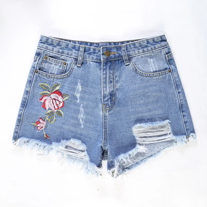 Fashion Embroidery Denim Shorts Floral High Waist Jeans Short Femme Frayed Shorts For Women 2018