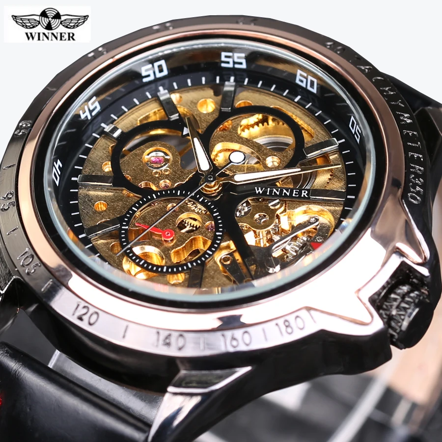 Winner 4 Ring Designer Analog Transparent Case Back Watches Men Luxury