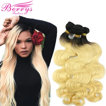 

#1b/613 Body Wave European Hair Extensions 3 PCS/Lot Blonde Remy hair with Black Roots 10-28" Human Hair Weaving Berrys Fashion
