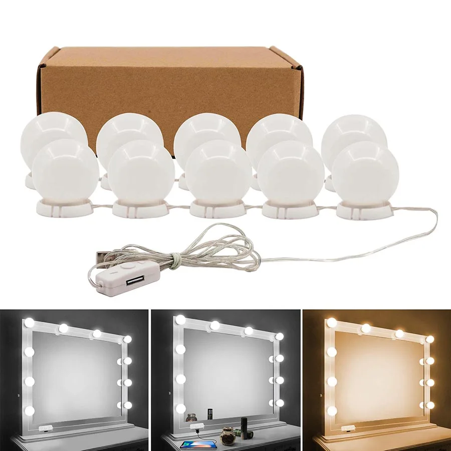 

USB Charging Hollywood Style LED Vanity Mirror Lights Kit with 10 Dimmable Bulbs 10 Brightness Levels Led Makeup Mirror Light