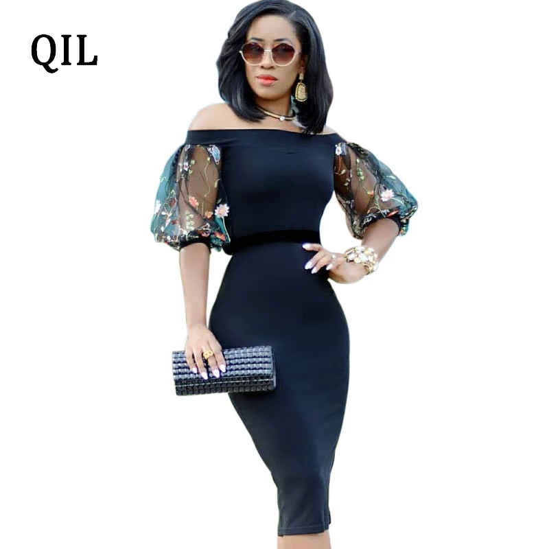 

QILI Women Slash neck Pencil Dress Embroidery Mesh Patchwork Half Sleeve Elegant Bodycon Dresses Lady High Street Fashion Dress