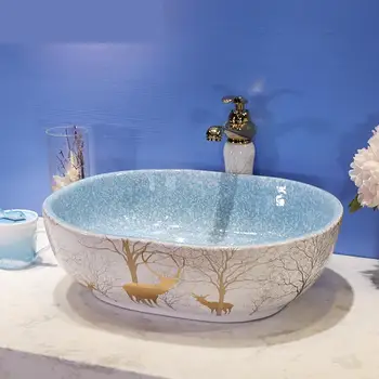

China fish pattern Art Lavabo Bathroom Vessel Sinks countertop decorative sink bowls oval ceramic wash basin bathoom sink