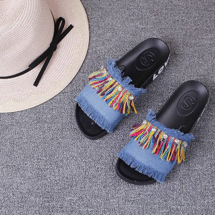 New Summer Colorful Fringed Leather Flat Heel Open Toe Slip Shoes Ladies Casual Slipper 2016 Woman Leisure Footwear Cheap58