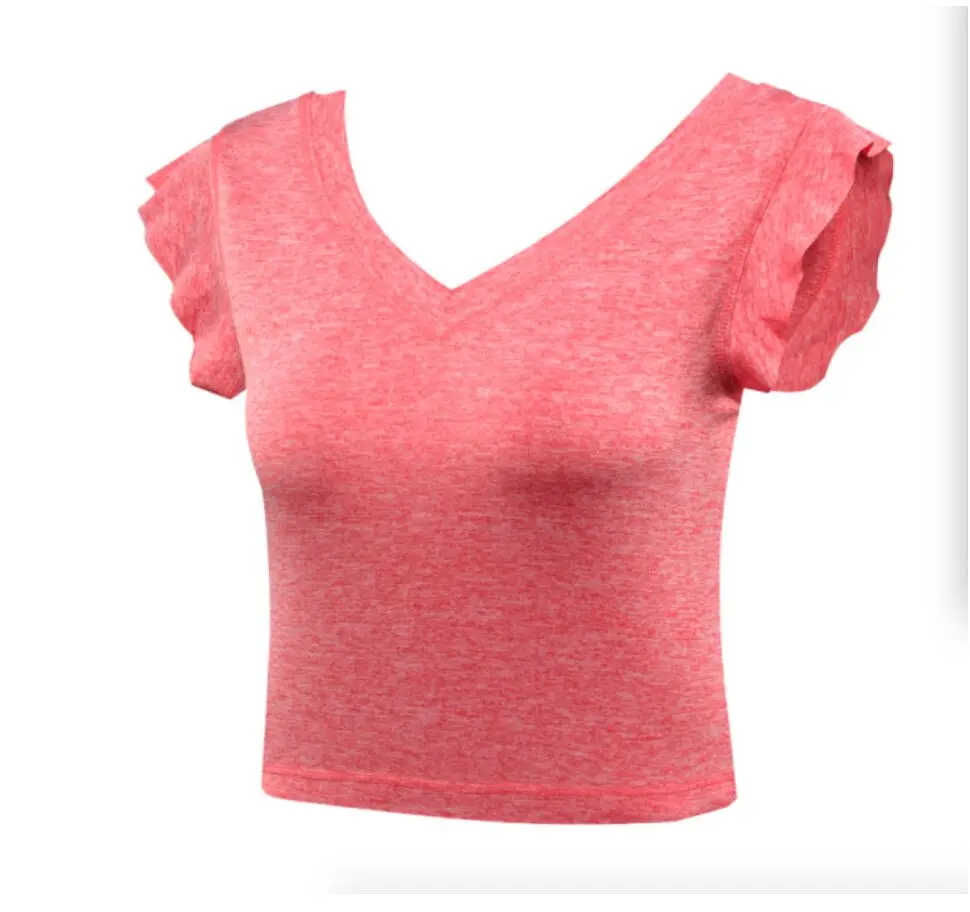Летящими рукавами v-образным вырезом Йога тренажерный зал T рубашка Фитнес Топы Для женщин Спортивные футболки работает тренировки футболки быстросохнущая Спортивная - Цвет: watermelon red