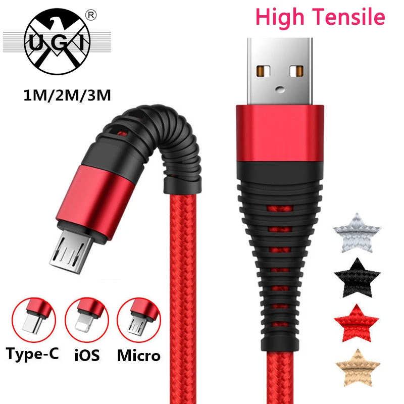 

UGI Hi-Tensile USB Cable Micro/Type-C/IOS Charge Data Sync Braided Phone Cable For Apple iPhone 7 X 6 8 For Samsung Galaxy LG