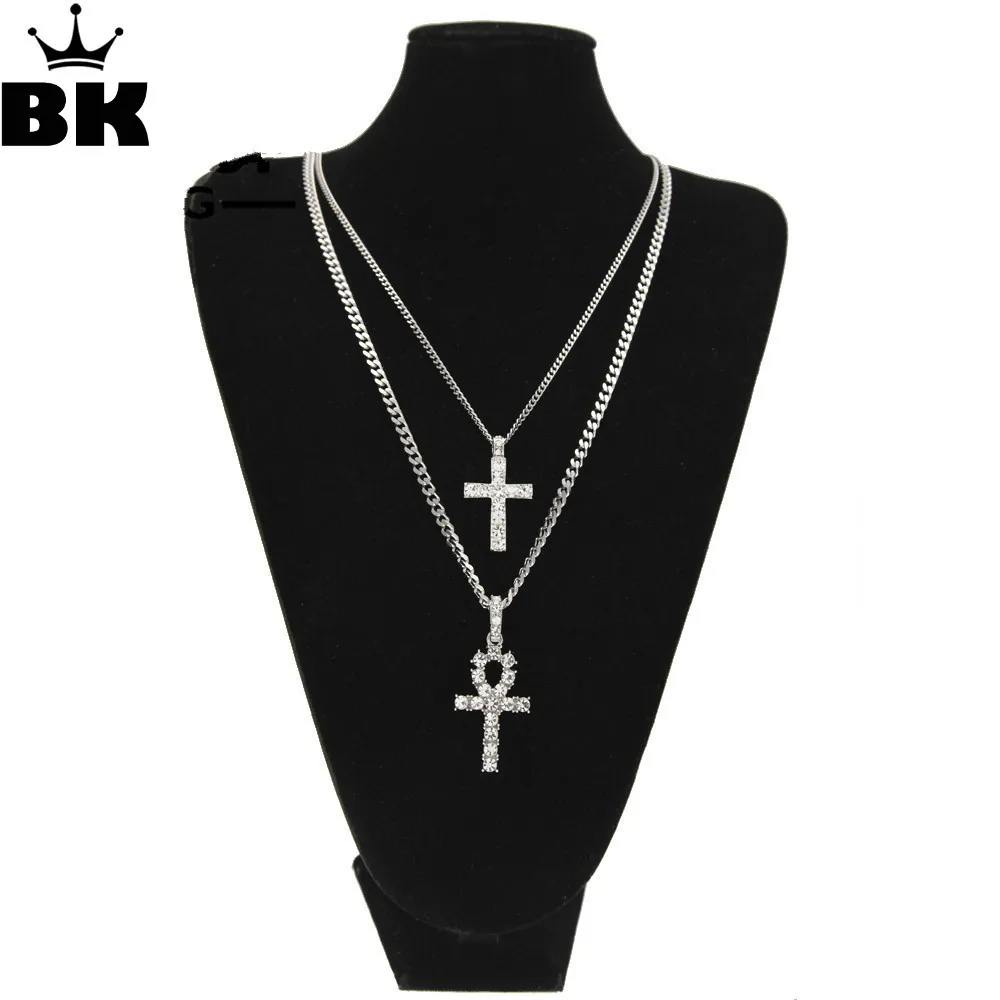 White Gold-Tone Iced Out Hip Hop Bling Symbol Of Life Ankh Cross Pendant 1 Row Stones Tennis Chain 24 Necklace Choker Chain