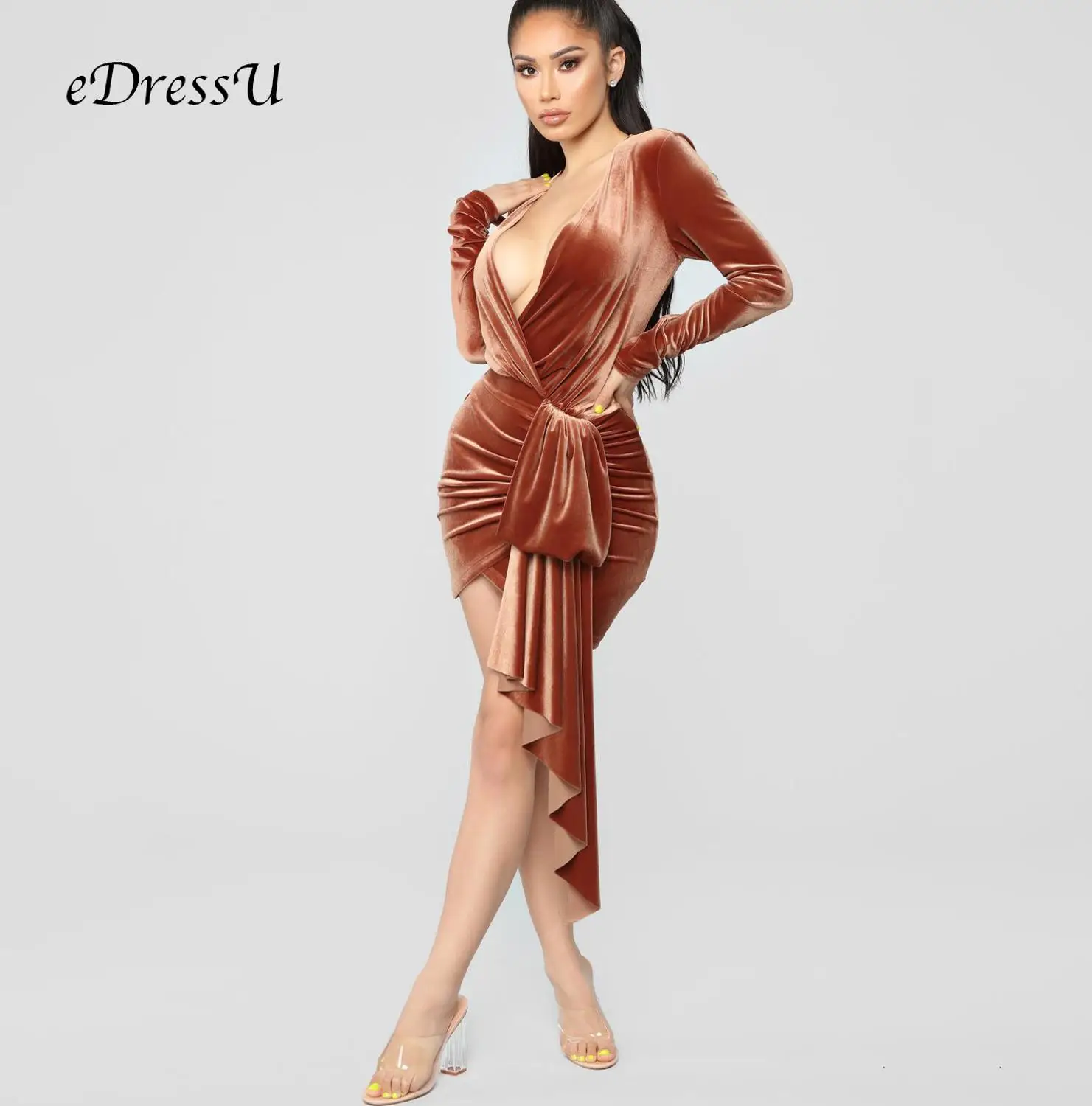 

Velvet Evening Party Dress Long Sleeves Shiny V Neck Pleated Short Club Bandage Sheath Dress eDressU MS-DZT569