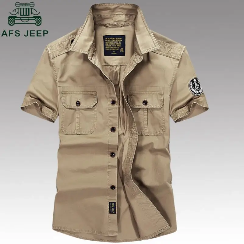 AFS JEEP рубашка мужская повседневная Летняя с коротким рукавом Camisa masculina армейские военные мужские рубашки размера плюс 4XL хлопок Chemise Homme - Цвет: Хаки