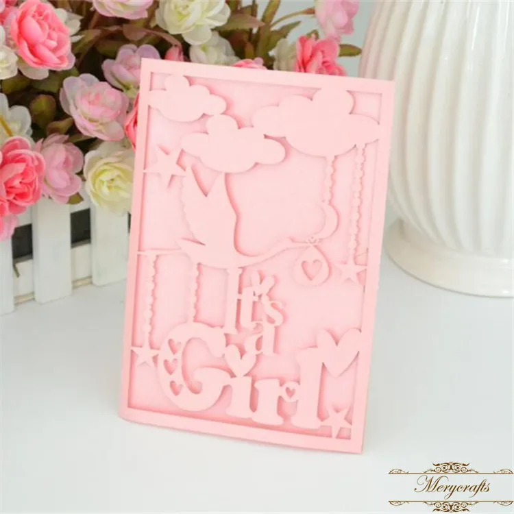 Baby shower laser cut pink pearl girl birthday invitations from Mery