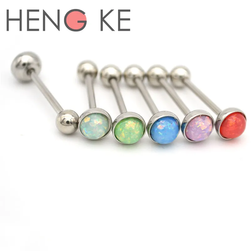 

HENGKE Opal Tongue Bar 316L Surgical Steel Ball White Green Stone 14G Straight Barbell Rings Body Piercing Jewelry multicol