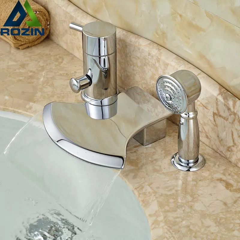 Deck Mount Widespread Waterfall Bathroom Tub Faucet Bathtub Mixer Tap with Handshower Chrome Finished