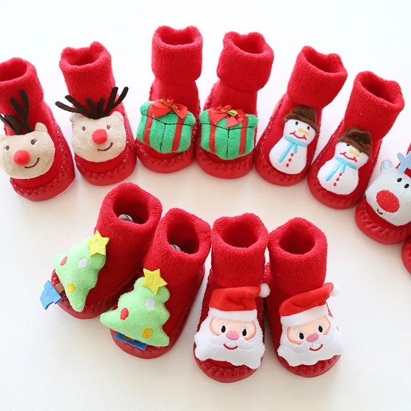 Рождественские детские носки для малышей Зимние утолщенные трехмерные детская мультяшная обувь носки нескользящие красные