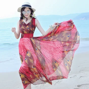 

Maxi Dress New Real Make 2019 Summer Fair Maiden Temperament Large Pendulum V-neck Chiffon Sleeveless Waist Bigger Sizes Women