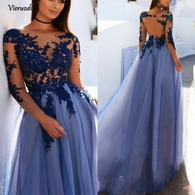

vestidos de fiesta Hot Sale Tulle Prom Dresses Long 2019 Appliques Lace Long Sleeve Evening Formal Gowns