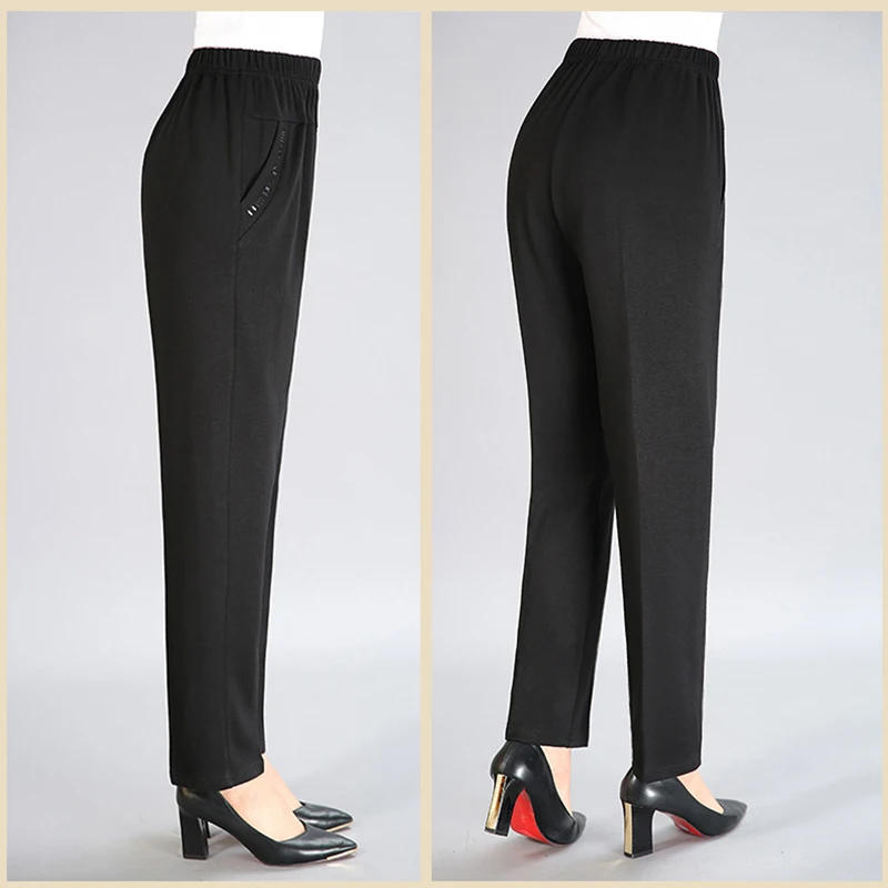 Брюки для женщин среднего возраста размера плюс эластичные прямые брюки с