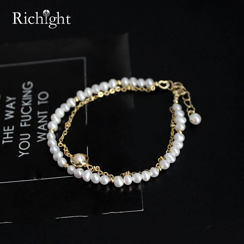 

Classic Simple Korean Small Pearl Bracelet Layered 14k Gold Plated Chain Natural Pearls Bracelets for Women Gift Fashion Jewelry