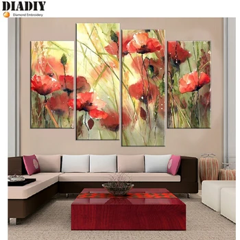 

DIY Diamond Painting Cross Stitch 5D Diamond Embroidery Full Diamond Mosaic painting Crafts Needlework Poppy flowers 4pcs/set