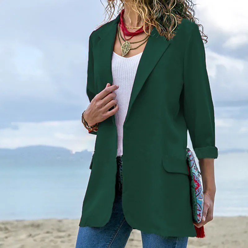 FIONTO женские модные куртки, одноцветные зеленые блейзеры с воротником с лацканами, приталенный Кардиган с длинным рукавом, повседневный блейзер для женщин AN1063 - Цвет: green