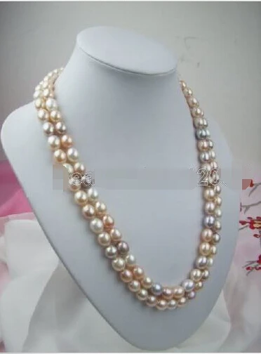 

FREE SHIPPING 2 row 9-10mm ellipse AAA multicolor pearl necklace 925s (A0513)