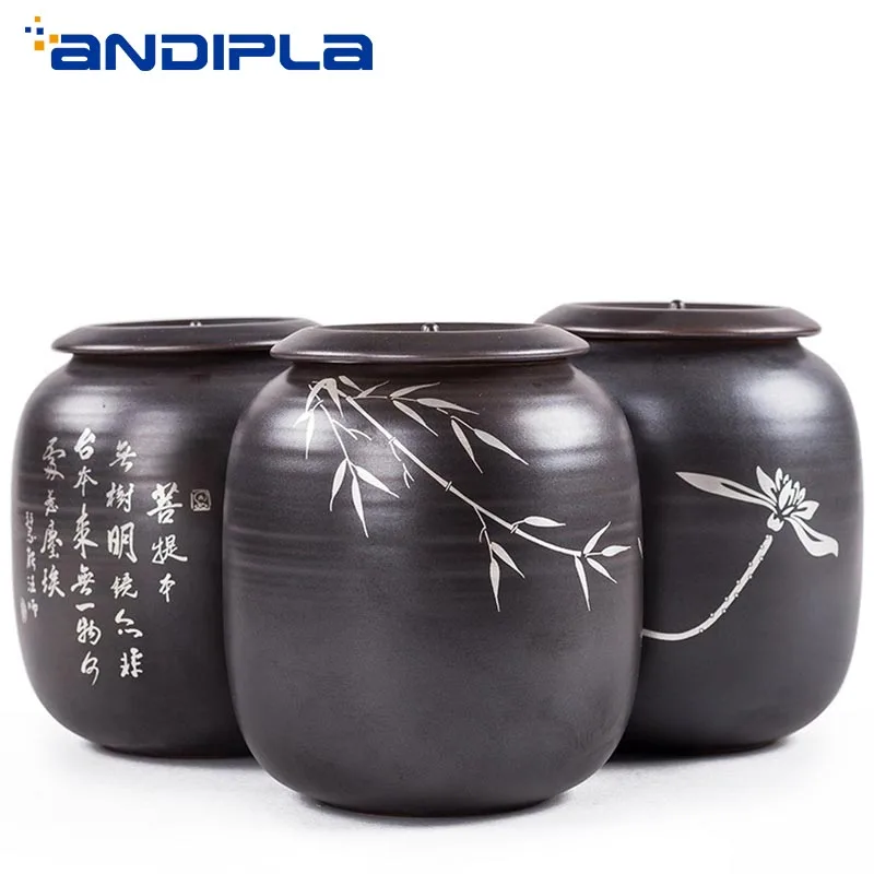 

Japanese Style Black Coarse Pottery Tea Cans Vintage Silver Painted Tea Caddy Spice Jar Storage Bottles Ceramic Kung Fu Tea Set