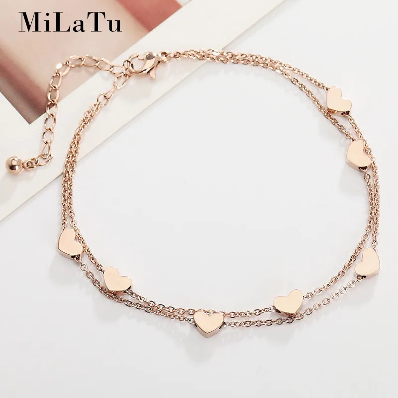 MiLaTu Romantic Heart Anklet Bracelet For Women Rose Gold Stainless