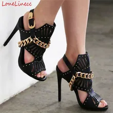 2018 Summer Catwalk Strappy High Thin Heels Pumps Woman Black Open Toe Sandals Gold Chains Cut Out Hoge Slippers Women Plus Size original intention super sexy women sandals thigh high cut outs open toe thin heels sandals gold shoes woman plus us size 4 15